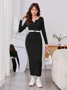 Teen Girls Button Front Ribbed Knit Dress Without Belt - Black - View 3
