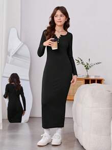 Teen Girls Button Front Ribbed Knit Dress Without Belt - Black - View 4