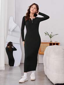Teen Girls Button Front Ribbed Knit Dress Without Belt - Black - View 5