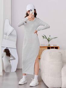 Teen Girls Striped Split Thigh Dress - Multicolor - View 4