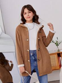 青少年女孩毛絨內襯連帽牛角扣前外套 - 卡其色 - 查看 1
