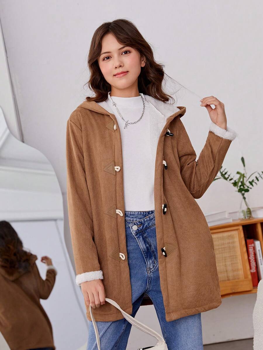 青少年女孩毛絨內襯連帽牛角扣前外套 - 卡其色 - 查看 1