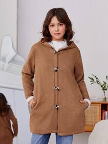 青少年女孩毛絨內襯連帽牛角扣前外套 - 卡其色 - 查看 3