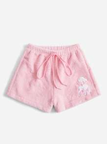 ROMWE Kawaii Cartoon Graphic Knot Waist Teddy Shorts - Pink - View 1