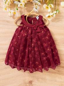 SHEIN Baby Girl Bow Front Mesh Overlay Halter Dress - Burgundy - View 1
