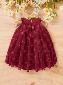SHEIN Baby Girl Bow Front Mesh Overlay Halter Dress - Burgundy - View 2