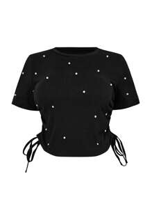 Celure Plus Pearls Beaded Drawstring Side Tee - Black - View 1