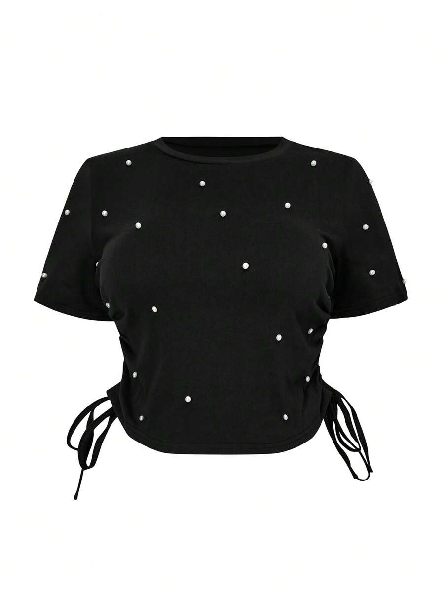 Celure Plus Pearls Beaded Drawstring Side Tee - Black - View 1
