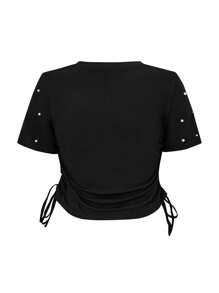 Celure Plus Pearls Beaded Drawstring Side Tee - Black - View 2