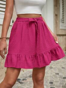 EURMUSE Solid Ruffle Hem Tie Front Skirt - Pink - View 1