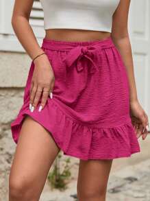 EURMUSE Solid Ruffle Hem Tie Front Skirt - Pink - View 4