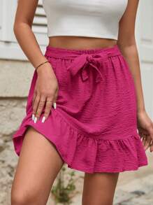 EURMUSE Solid Ruffle Hem Tie Front Skirt - Pink - View 5