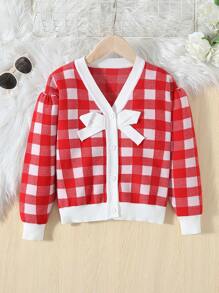 SHEIN 女大童格紋圖案前蝴蝶結拼接邊開襟衫 - 紅白色 - 查看 1