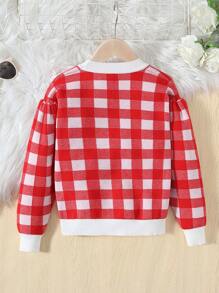 SHEIN 女大童格紋圖案前蝴蝶結拼接邊開襟衫 - 紅白色 - 查看 2