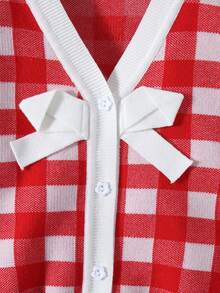 SHEIN 女大童格紋圖案前蝴蝶結拼接邊開襟衫 - 紅白色 - 查看 4