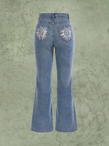 ROMWE Fairycore Đồ họa mặt trời Quần ống loe - Rửa nhẹ - Xem 1