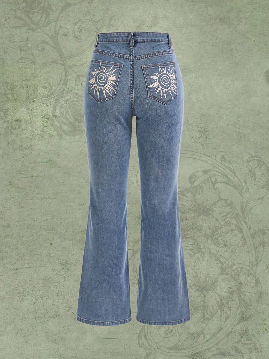 ROMWE Fairycore Đồ họa mặt trời Quần ống loe - Rửa nhẹ - Xem 1