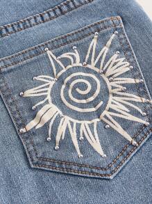 ROMWE Fairycore Đồ họa mặt trời Quần ống loe - Rửa nhẹ - Xem 4