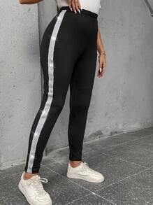 SHEIN LUNE 大碼拼接側邊接縫緊身打底褲 - 黑色 - 查看 1