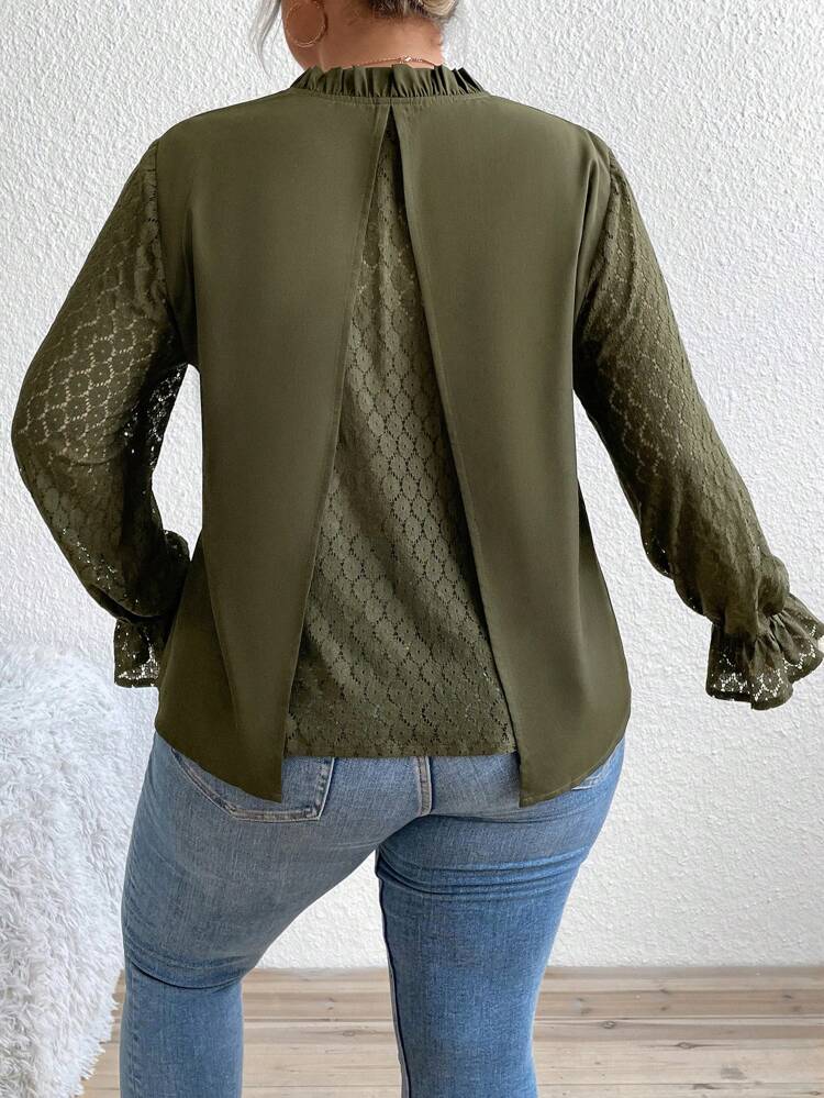 Plus Contrast Lace Flounce Sleeve Frilled Neck Blouse