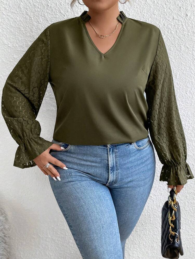 Plus Contrast Lace Flounce Sleeve Frilled Neck Blouse