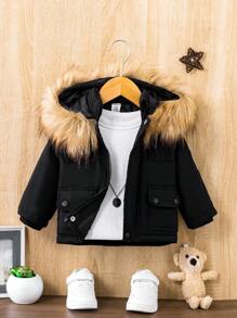 SHEIN Playful Pals Baby Boy Flap Pocket Fuzzy Trim Hooded Thermal Lined Jacket Without Tee - Black - View 8