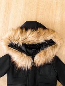 SHEIN Playful Pals Baby Boy Flap Pocket Fuzzy Trim Hooded Thermal Lined Jacket Without Tee - Black - View 3