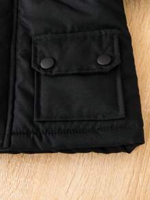 SHEIN Playful Pals Baby Boy Flap Pocket Fuzzy Trim Hooded Thermal Lined Jacket Without Tee - Black - View 4