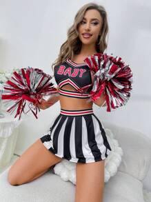 Letter Graphic Cheerleader Costume Set With 1pair Hand Flower - Black and White - View 3