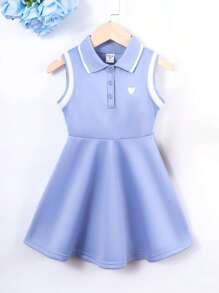 Elladie kids Young Girl Heart Print Striped Trim Polo Neck Dress, School, Campus, College - Blue - View 3
