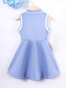 Elladie kids Young Girl Heart Print Striped Trim Polo Neck Dress, School, Campus, College - Blue - View 2