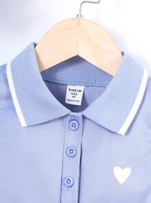 Elladie kids Young Girl Heart Print Striped Trim Polo Neck Dress, School, Campus, College - Blue - View 9