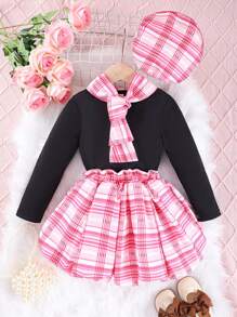 Young Girl Solid Tee & Plaid Print Skirt - Multicolor - View 1