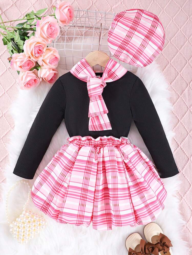 Young Girl Solid Tee & Plaid Print Skirt