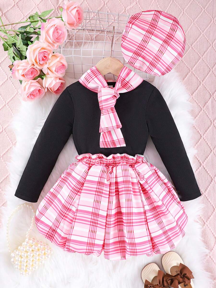 Young Girl Solid Tee & Plaid Print Skirt - Multicolor - View 1
