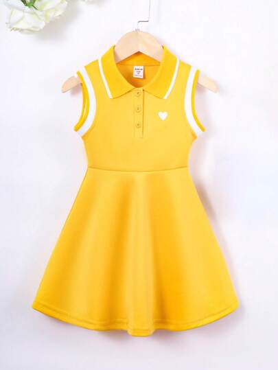 SHEIN Young Girl Heart Print Striped Trim Polo Neck Dress