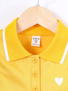 SHEIN Young Girl Heart Print Striped Trim Polo Neck Dress - Yellow - View 4
