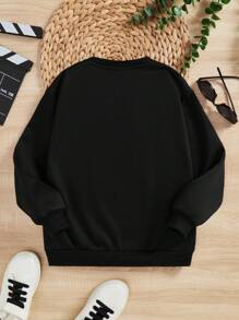 SHEIN 1件青少年男孩情人節皇冠印花字母休閒圓領長袖運動衫,適用於秋冬季節 - 黑色 - 查看 2