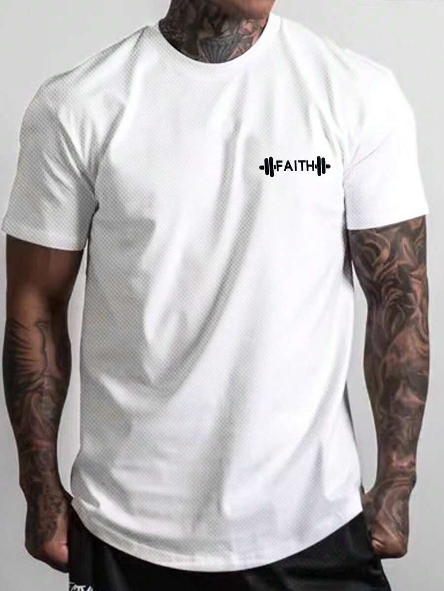 Gym Rark Boyfriend Style Men Letter Graphic Sports Tee Workout Tops Basic T Shirt , All White , Graphic , Active Wear , Training - White - View 1