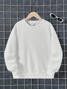SHEIN Tween Boy Solid Color Fleece Casual Long Sleeve Sweatshirt, Suitable For Autumn/Winter, Everyday Wear - White - View 1
