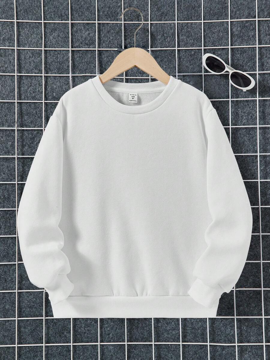 SHEIN Tween Boy Solid Color Fleece Casual Long Sleeve Sweatshirt, Suitable For Autumn/Winter, Everyday Wear - White - View 1