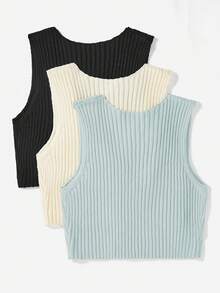 SHEIN EZwear Plus 3pcs Ribbed Knit V Neck Crop Sweater Vest - Multicolor - View 2