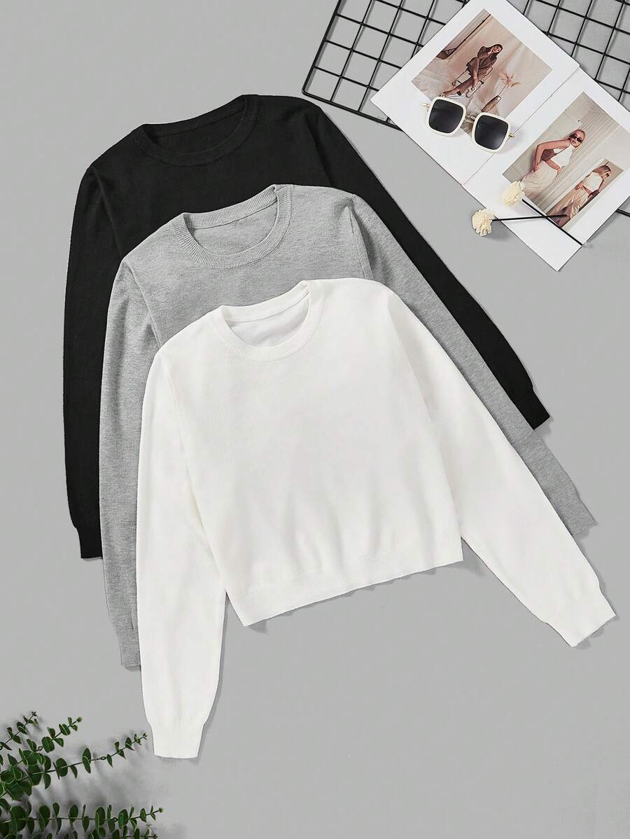 SHEIN EZwear Talla grande 3 piezas Jersey unicolor de cuello redondo - Multicolor - Ver 1