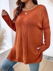 Calvaya Plus Drop Shoulder High Low Hem Jumper - Brown - View 5