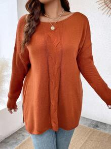 Calvaya Plus Drop Shoulder High Low Hem Jumper - Brown - View 6