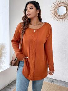 Calvaya Plus Drop Shoulder High Low Hem Jumper - Brown - View 2