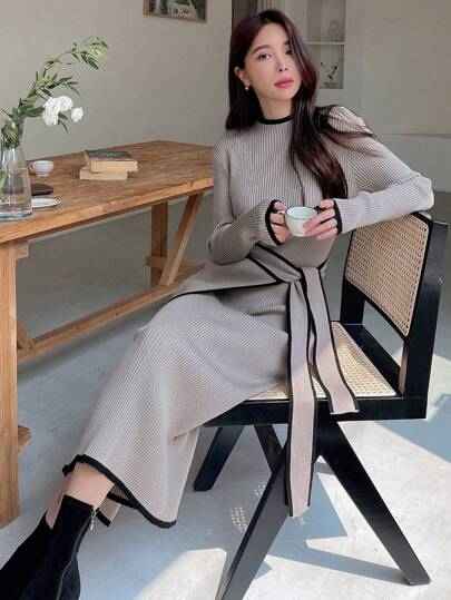 DAZY 撞色绑带毛衣裙，秋季女装