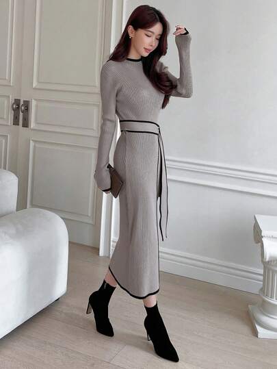 DAZY 撞色绑带毛衣裙，秋季女装