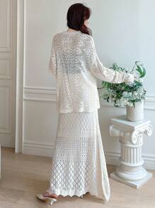 DAZY Solid Pointelle Knit Cardigan & Knit Skirt,Back To School Clothes