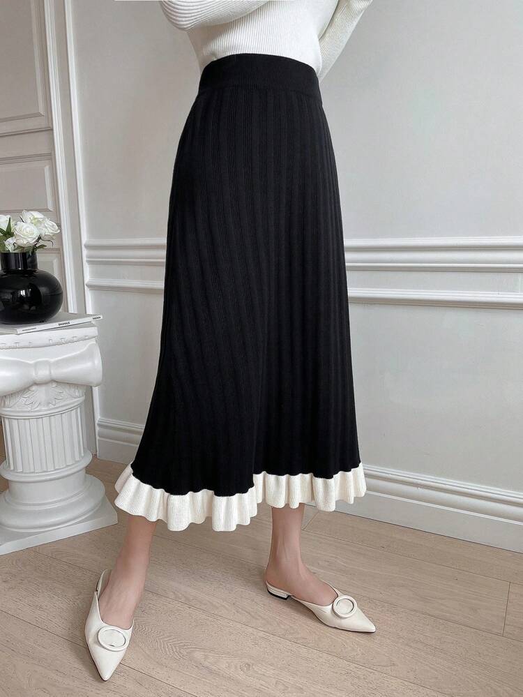 Two Tone Ruffle Hem Knit Skirt Fall,Winter